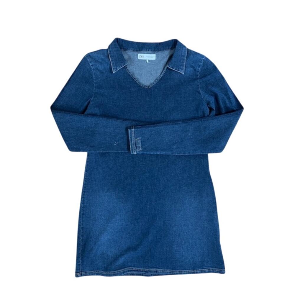 Zara Denim Mini Dress V-neck with Collar Sz XL
